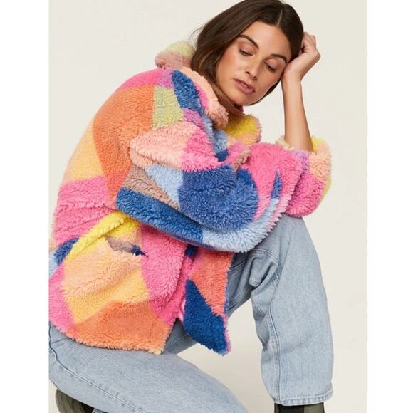 BLANKNYC Women’s L Colorblock Sherpa Teddy Jacket Rainbow Patchwork Oversized - Picture 2 of 10